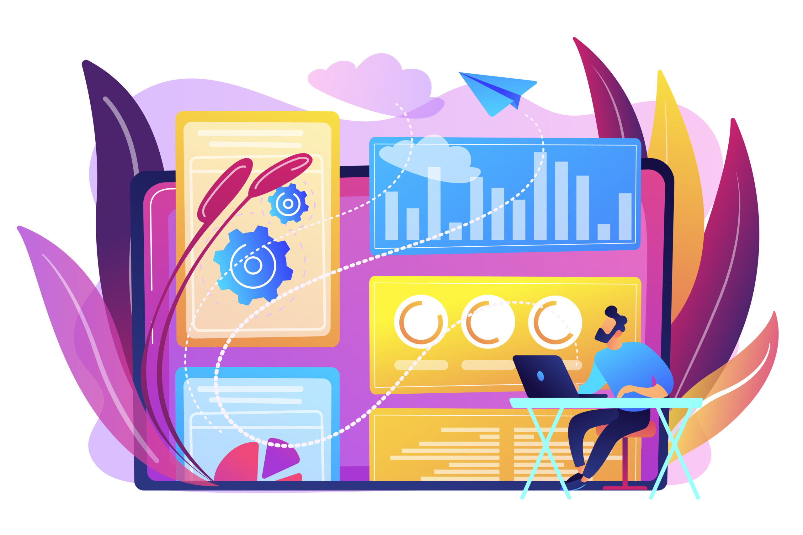 Digital marketing strategist working with digital technologies and media. Attribution modeling, brand insight and measurement tools concept. Bright vibrant violet vector isolated illustration